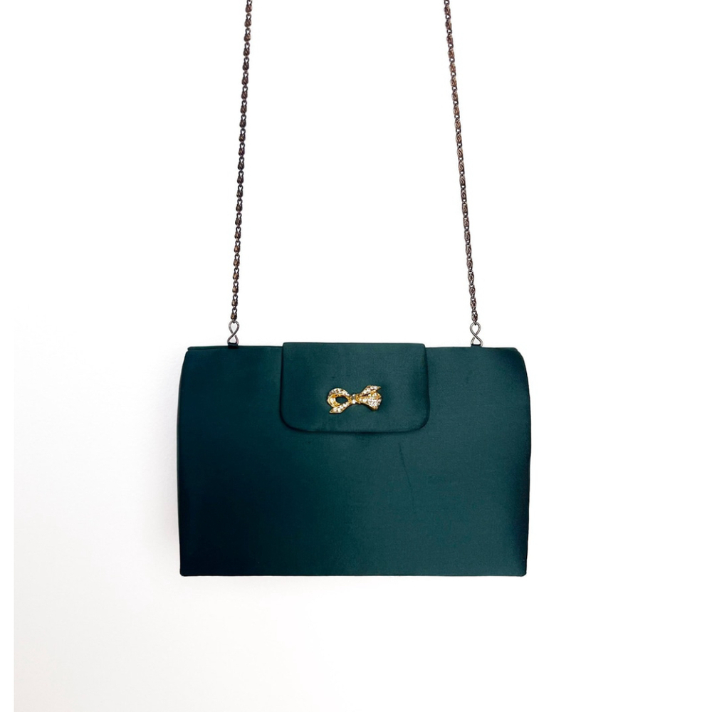 Vintage Stephanie Andrews Emerald Green Satin Evening Bag Coquette Garden Party